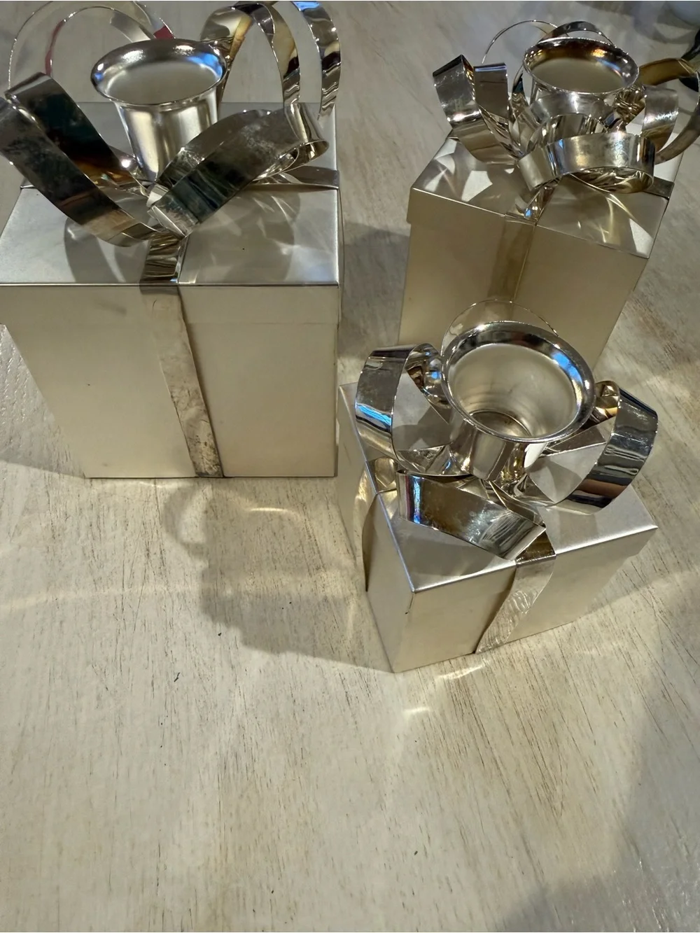 Vintage Set of 3 Godinger Holiday Wrapped Present Gift Box Candle Holders